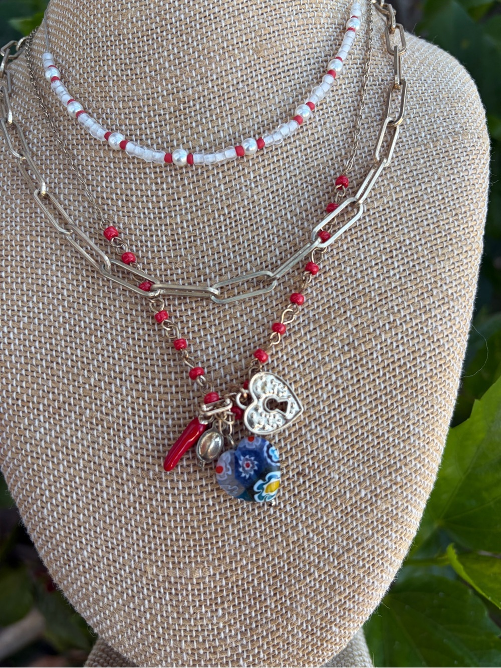 Free People boho 3 Layer Stack Gold Chain Charm Necklace Red Bead Heart Charm